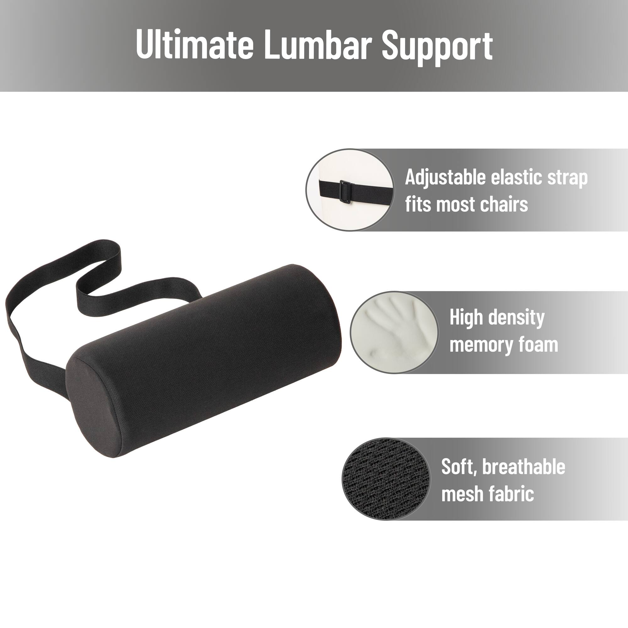 Mind Reader Lumbar Roll Pillow with Air-Cloud Memory Foam, Back, Waist & Hip Support, Breathable Cover & Adjustable Strap, Black